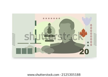 Thai Baht Vector Illustration. Thailand, Cambodia, Laos, Myanmar, Vietnam money set bundle banknotes. Paper money 20 THB. Flat style. Isolated on white background.