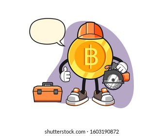 Thai baht woodworker with speech bubble cartoon. Mascot Character vector.