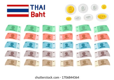 Thai Bath Banknones and Coins Paper Money 20 50 100 500 and 1000 Vector