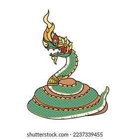 Thai big snake stay on stone.Naga.Asian dragon.Tradition thai art. Cartoon hand drawn style.Isolated.Vector.Illustration. 