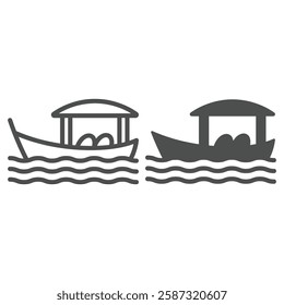 Thai boat floating at water line and solid icon, thailand resort concept. Vector graphics. Water transport sign on white background, outline style icon for mobile or web design