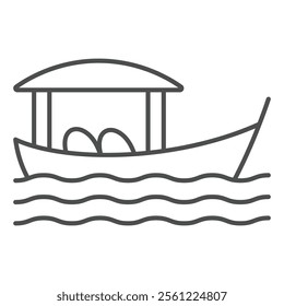 Thai boat floating at water thin line icon, thailand resort concept. Vector graphics. Water transport sign on white background, outline style icon for mobile or web design