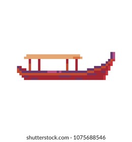 Thai boat pixel art icon transport in tradition thailand isolated vector illustration. 8-bit sprite. Design element for web,stickers, logo, mobile app. 