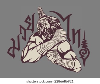 a thai boxer clench one's fists.
with thai writing which means Muay Thai in the back ground