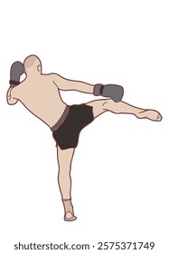 Thai Boxing, A fighter performing high kick in boxing gloves, showcasing strength and agility 