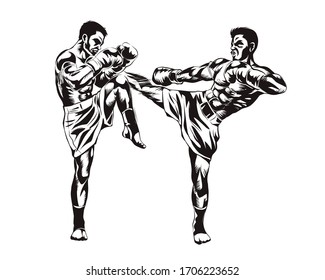 Thai boxing. Fighting. Muay thai. line hand drawn. high contrast. vector illustration isolated cartoon