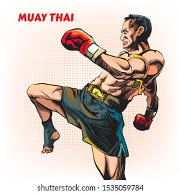 Thai boxing, martial arts, .Vector illustration.Isolated on white background. Pop art retro comic. 