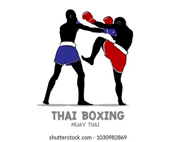 Thai boxing (Muay Thai) vector isolated on white background, Blue and Red Fight Fighter