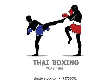 Thai boxing (Muay Thai) vector isolated on white background, Blue and Red Fight Fighter