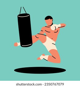 Thai boxing player color concept. French martial art isolated on color background. Digital illustration for web page, mobile app, promo.