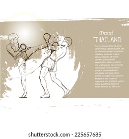 Thai boxing. Thailand Travel Elements Design, Thailand in vintage style poster, vector illustration, Hand Drawn Illustration.