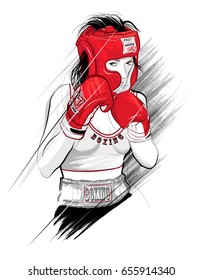 Thai Boxing, Woman Fighting - Vector Illustration