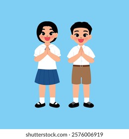 Thai Boy and Girl Junior High School Student in Uniform Thai Greeting  illustration