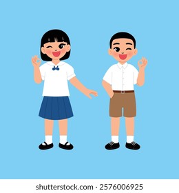 Thai Boy and Girl Junior High School Student in Uniform Ok Hand illustration