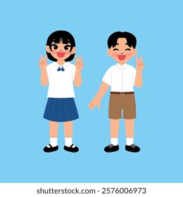 Thai Boy and Girl Junior High School Student in Uniform Making Two Finger Up illustration