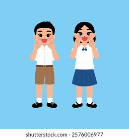 Thai Boy and Girl Junior High School Student in Uniform Telling illustration