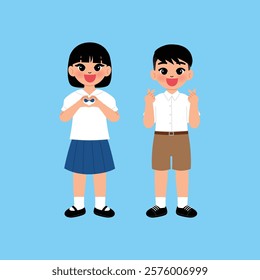 Thai Boy and Girl Junior High School Student  in Uniform Making Hand Heart Peach Gesture  Two Finger illustration