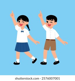 Thai Boy and Girl Junior High School Student in Uniform Pointing Finger Up illustration