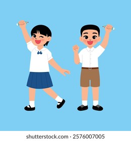 Thai Boy and Girl Junior High School Student in Uniform Holding Pencil Up illustration