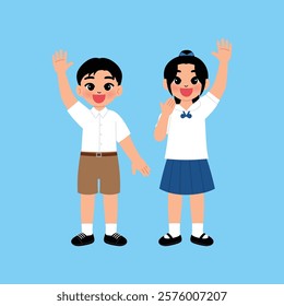 Thai Boy and Girl Junior High School Student in Uniform are Raising hand illustration