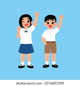 Thai Boy and Girl Junior High School Student in Uniform are Raising Fist illustration