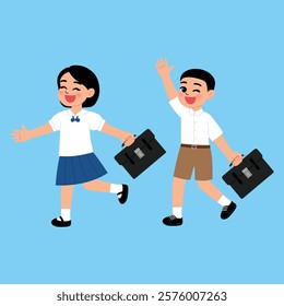 Thai Boy and Girl Junior High School Student in Uniform holding School Bag illustration