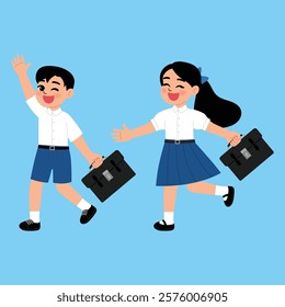 Thai Boy and Girl Senior High School Student in Uniform holding School Bag illustration