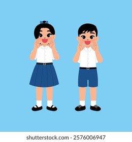 Thai Boy and Girl Senior High School Student in Uniform Telling illustration