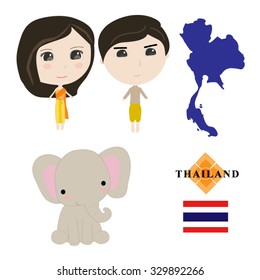 Thai boy & girl in in traditional costume, The national flag of Thailand, Vector illustration