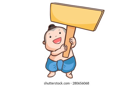Thai boy holding a wooden board vector illustration