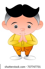 thai bubble head is greeting in called sawasdee,in cartoon design and thai dress,vector illustration