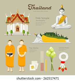 Thai Buddha and Temple with monks, lotus,flower,candle design background, vector illustration