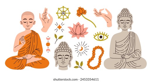 Thai buddhism Theravada set. Vector elements illustration for decoration, printing. Concept for poster, banner