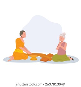 thai buddhist tradition elderly woman offering robe to monk on buddhist lent day