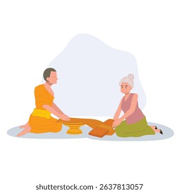 thai buddhist tradition elderly woman offering robe to monk on buddhist lent day