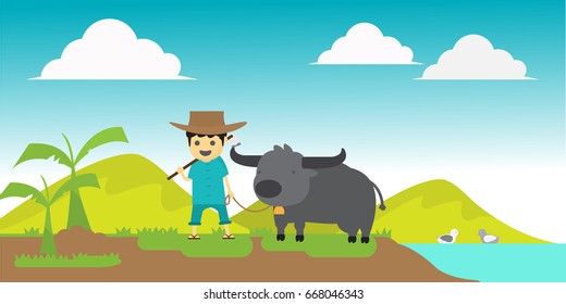 Thai buffalo farmer in his hand holding a spade and power. smile happily