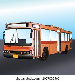 Thai Bus Orange Transport Car Vehicle Driver Fare Passenger Autobus Omnibus Coach Rail Bench Chair Stool Armchair Seat Mattress Bolster Hassock Pad Vector Illustration