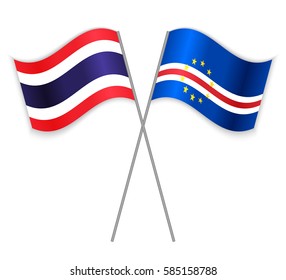 Thai and Cabo Verdean crossed flags. Thailand combined with Cape Verde isolated on white. Language learning, international business or travel concept.
