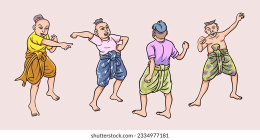 Thailändische Cartoons, thailändische Volksfiguren, verschiedene Gesten. Pop-Art Retro handgezeichnet Stil Vektordesign Illustration.