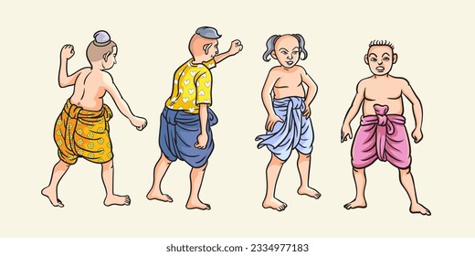 Thai cartoons, Thai folk characters, various gestures. pop art retro hand drawn style vector design illustration.