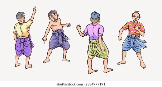 Thai cartoons, Thai folk characters, various gestures. pop art retro hand drawn style vector design illustration.