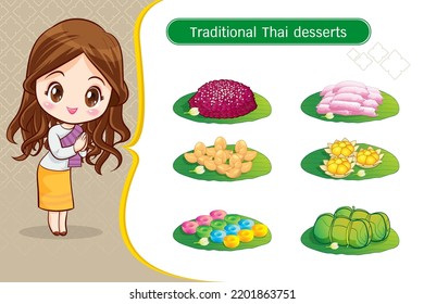 Thai character in traditional costume Sawasdee and welcome presenting traditional thai dessert set