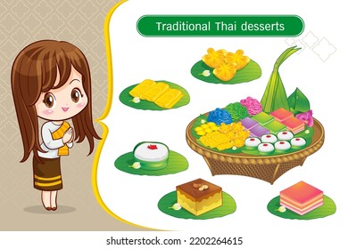 Thai character in traditional costume Sawasdee and welcome presenting traditional thai dessert set