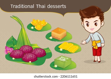 Thai character in traditional costume Sawasdee and welcome presenting traditional thai dessert set