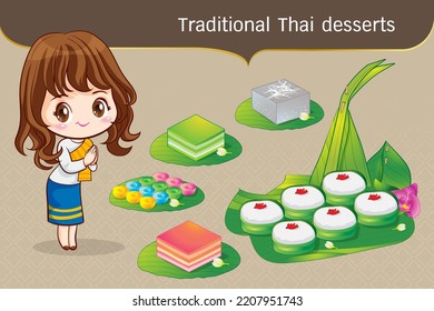 Thai character in traditional costume Sawasdee and welcome presenting traditional thai dessert set