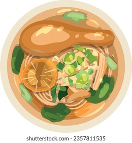  Thai Chicken Noodle Soup. Top View Thai Food Illustration Vector.