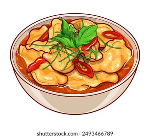 Thai chicken panang curry chicken soup illustration vector. Authentic thai panang curry recipe. Pork mince panang curry food icon. Thai food pork panang soup. Asian food Red curry coconut chicken.