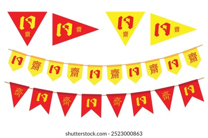 Thailändischer und chinesischer Text Chinesisches Vegetarisches Festival, chinesische vegetarische Festivalflagge auf weißem Hintergrund. ( Der chinesische und thailändische Buchstabe ist ein gemeines vegetarisches Nahrungsfestival ). Vektorgrafik