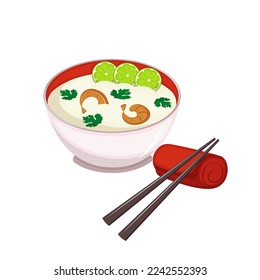 Thai coconut soup with shrimp. Asian traditional cuisine. Seafood soup with lime. Vector illustration. Cartoon.