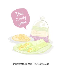 Thai cotton candy burrito pancake ( Roti Sai Mai) vector isolated on white background. Vector illustration.